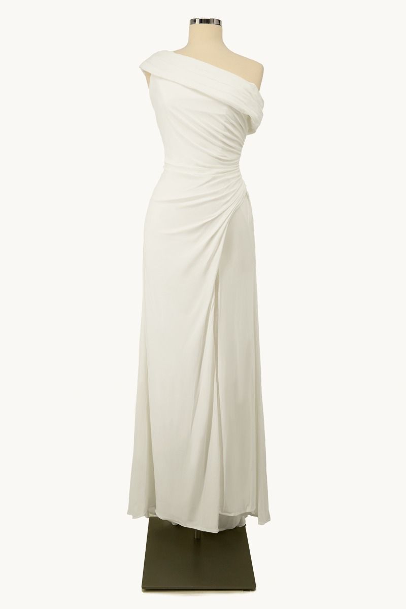 white one shoulder ruched gown with draped skirt