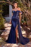 Off-Shoulder Ruched Satin Gown by Cinderella Divine CD393