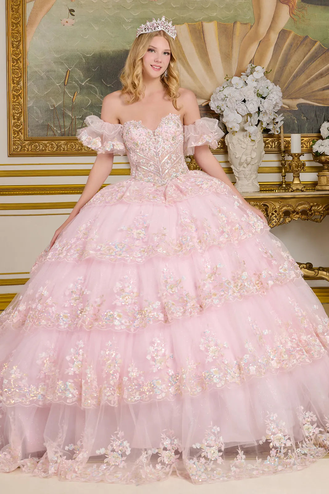 evening cocktail princess quinceanera dresses Ball Gown V Neck Beaded Sequins Flower Appliques Tiered Lace Up Sky Blue Tulle Quinceanera Dress Cocktail Dresses Princess Evening Party Gown For main image 0