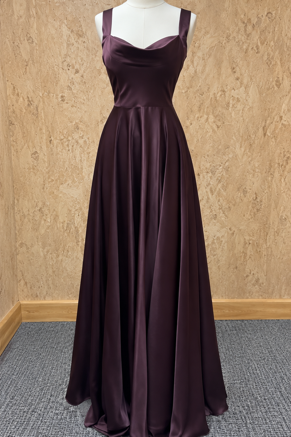 SNKDRESS style 1826 Brown satin A-line evening dress with a cowl neckline and wide shoulder straps