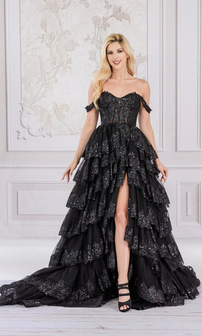 Off-the-Shoulder Layered Long Ball Gown By Amelia Couture TM1012