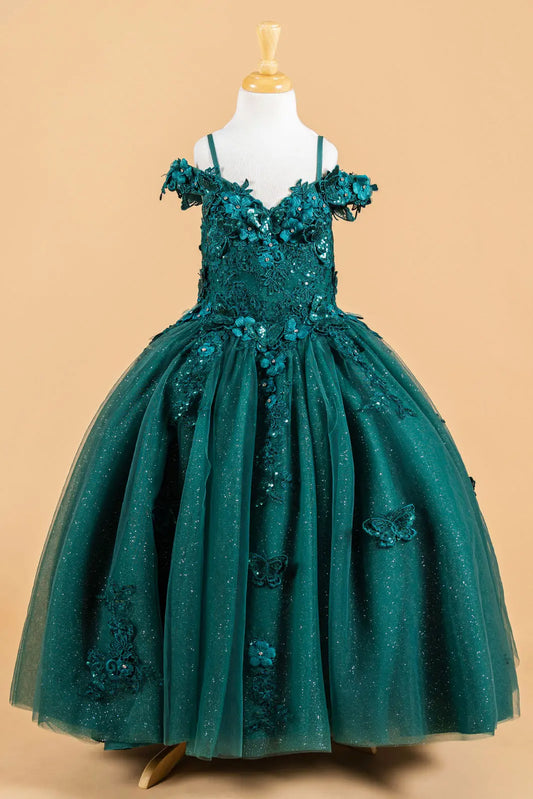 kids ball gown dress with V-neckline, cold shoulder straps, and 3D flower & butterfly appliques in burgundy and emerald green by Elizabeth K GK117 – www.snkdress.com