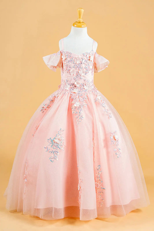 3D floral applique cold shoulder tea length kids dress GK120 by Elizabeth K at www.snkdress.com