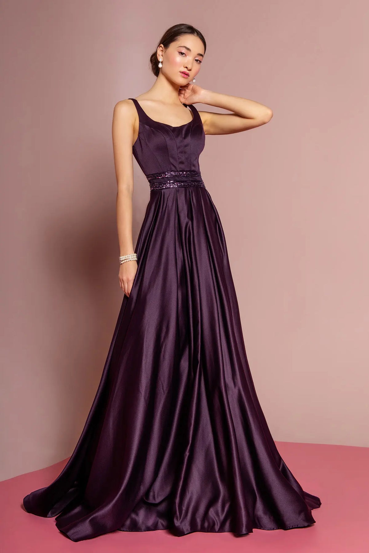Satin  Gown with Scoop Neck and Sheer Back by Elizabeth K GL2531