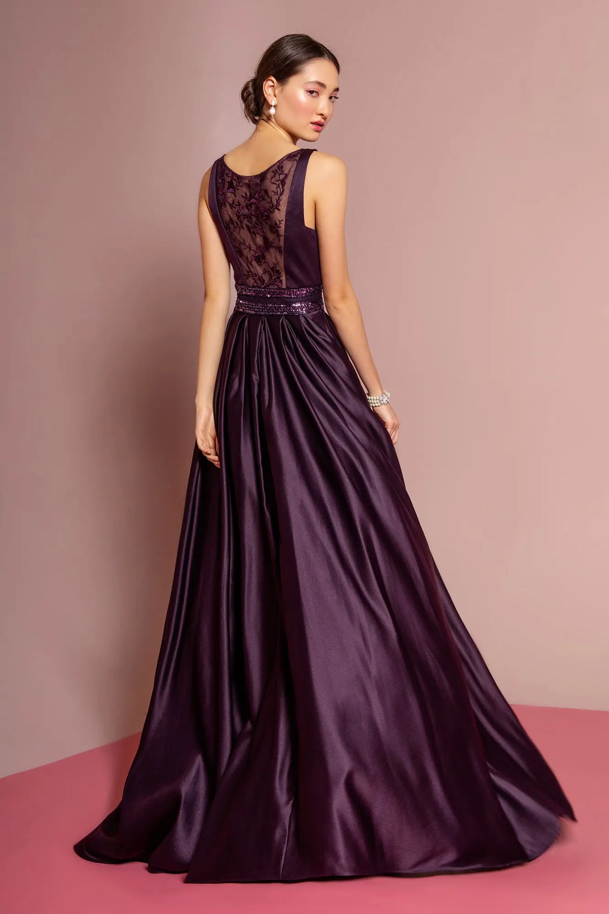 Satin  Gown with Scoop Neck and Sheer Back by Elizabeth K GL2531