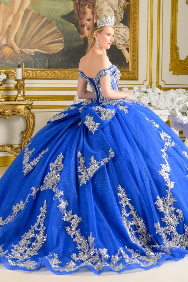 Tiered glitter tulle quinceañera ball gown by Elizabeth K style GL3672 Royal Blue | www.snkdress.com