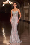 Crystal Embellished Corset Gown by Ladivine J903 Silver-nude | www.snkdress.com