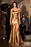 Asymmetric strapless fitted satin gown by Ladivine style 906 Dark Gold | www.snkdress.com