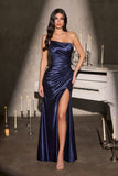 Asymmetric strapless fitted satin gown by Ladivine style 906 Dark Gold | www.snkdress.com