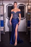 Off-Shoulder Beaded Corset Satin Gown by Ladivine KV1140
