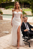 Woman in a white lace wedding dress standing next to a man in a suit by a poolside.WWW.SNKDRESS.COM ,Ladivine CD0203W OFF WHITE