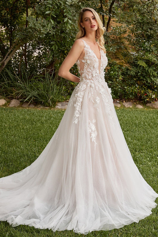 Woman in a white floral wedding dress standing outdoors with greenery in the background, WWWSNKDRESS ,LADIVAIN CDS436W