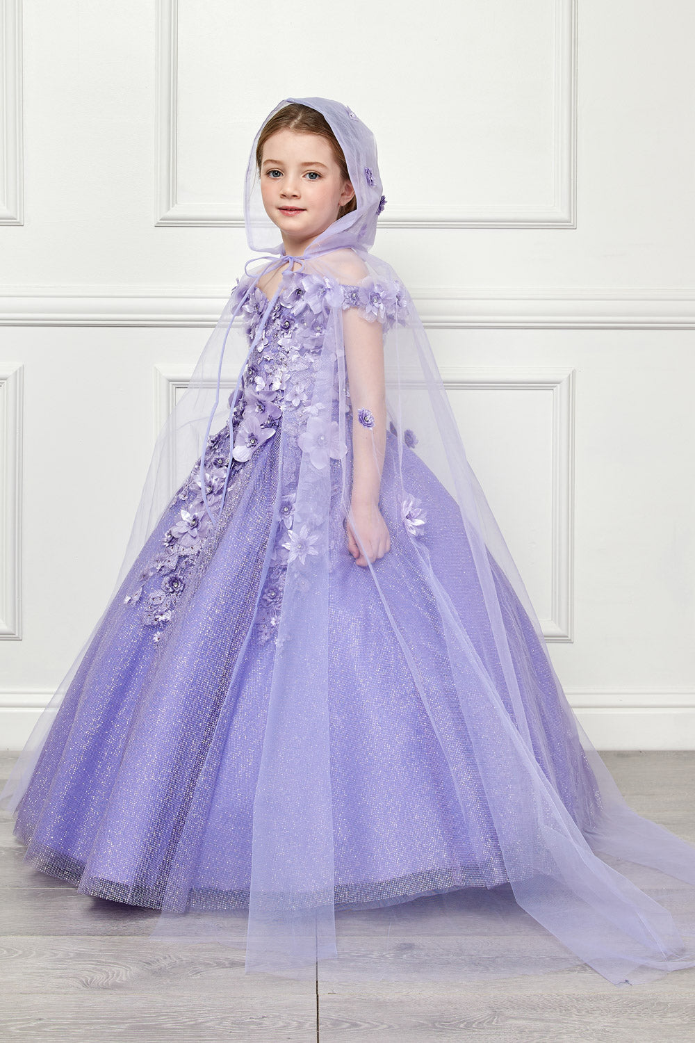 3D Flower Off Shoulder Glitter Ball gown w/Cape by Petite Adele PK1002