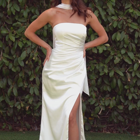 off white satin off shoulder mermaid gown with floor-length hem