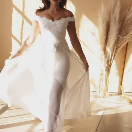 Off Shoulder Satin Ball Gown in Off White by Ladivine 7258W