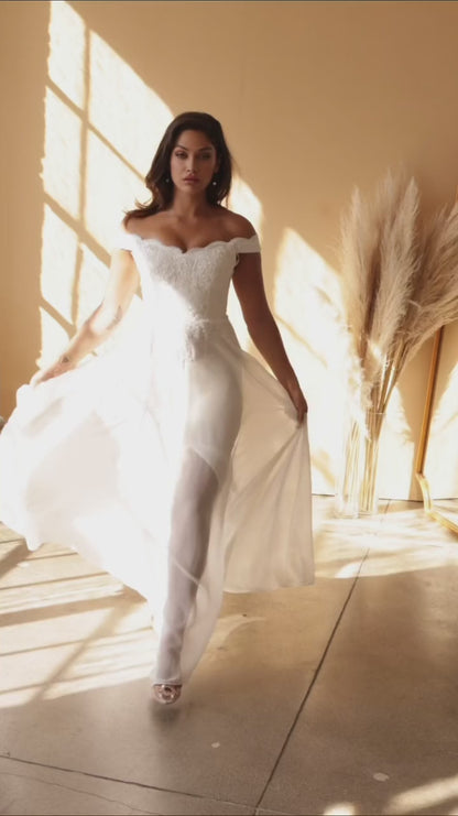 Off Shoulder Satin Ball Gown in Off White by Ladivine 7258W