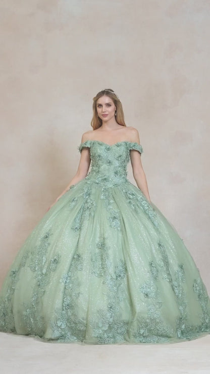 3D floral appliques with off shoulder ball gown by Juliet /1445