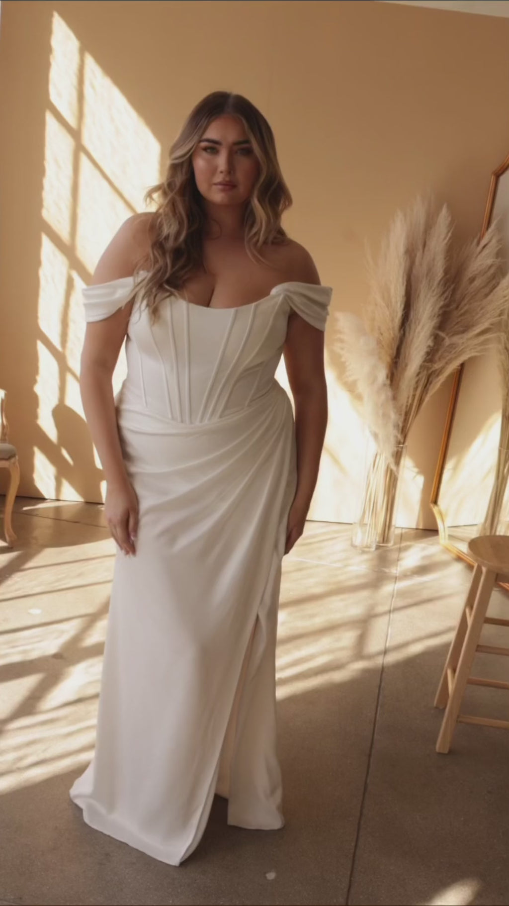 Plus Size Off-Shoulder Satin Corset Gown by Ladivine 7484WC