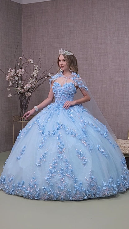 3D Flower Applique Glitter Ball Gown by Elizabeth K GL 3103