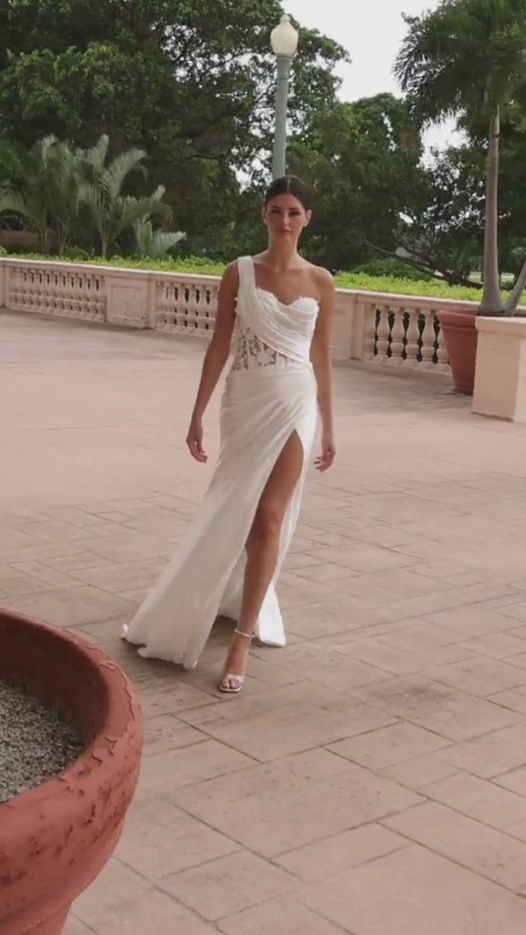 Pleated One-Shoulder Corset Wedding Dress by Nox Anabel E1526W