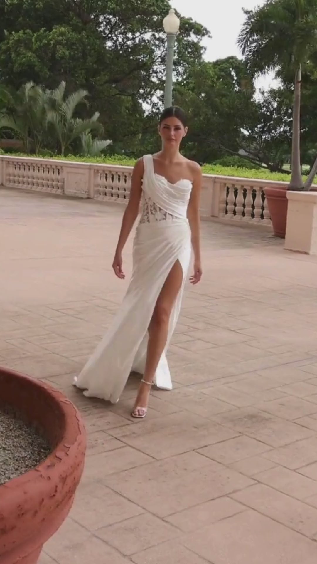 Pleated One-Shoulder Corset Wedding Dress by Nox Anabel E1526W