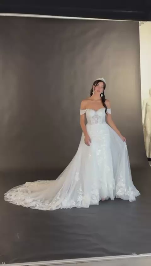 Off-Shoulder Satin Lace Gown by Cindy Collection 733