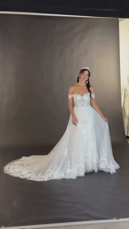 Off-Shoulder Satin Lace Gown by Cindy Collection 733