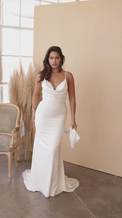 Cowl Neck Satin Gown with Lace-Up Back in Off White by Ladivine 7487W