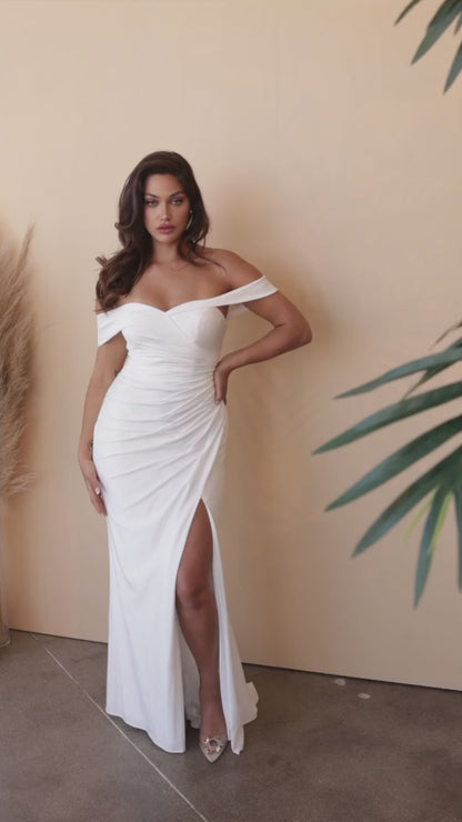 Off Shoulder Gown in Off White by Ladivine CD930