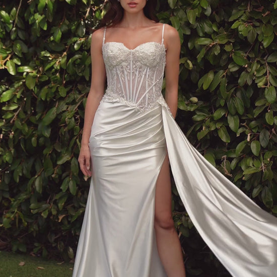 off white one shoulder satin gown with draped design