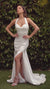 Model wearing Ladivine CD769W off white strapless satin gown with side slit