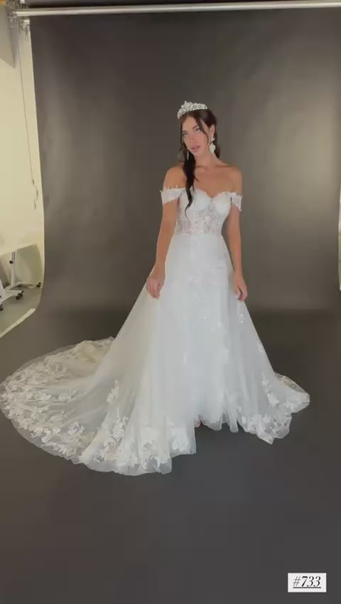 Off-Shoulder Satin Lace Gown by Cindy Collection 733