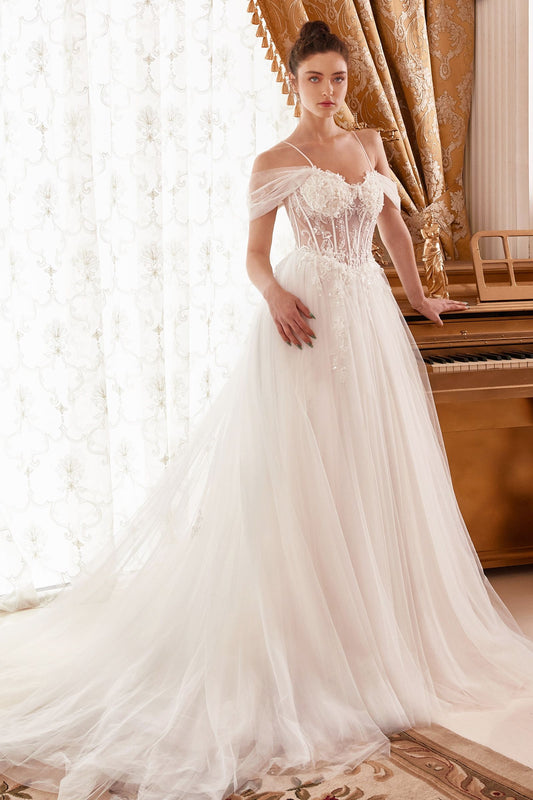 www.snkdress.com – Ladivine WN307 Sheer Sleeve Lace Ball Gown in Off White