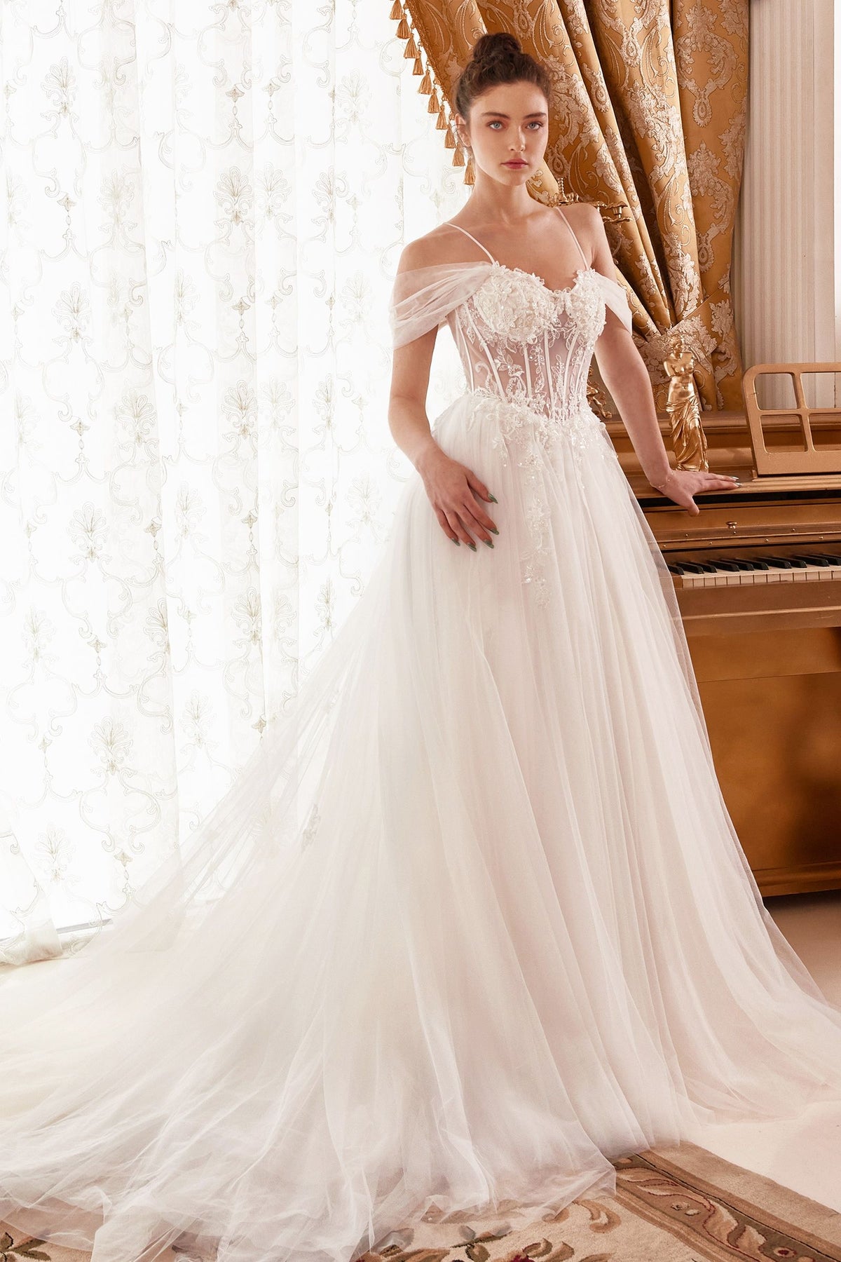www.snkdress.com – Ladivine WN307 Sheer Sleeve Lace Ball Gown in Off White